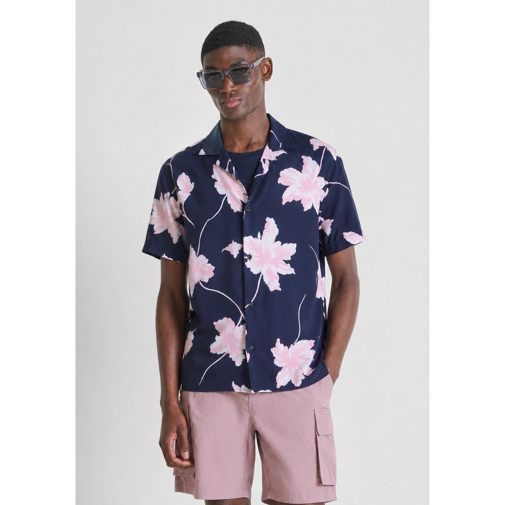 NWT Express XL Navy Pink Floral Rayon Short Sleeve Camp Collar Button Down Shirt